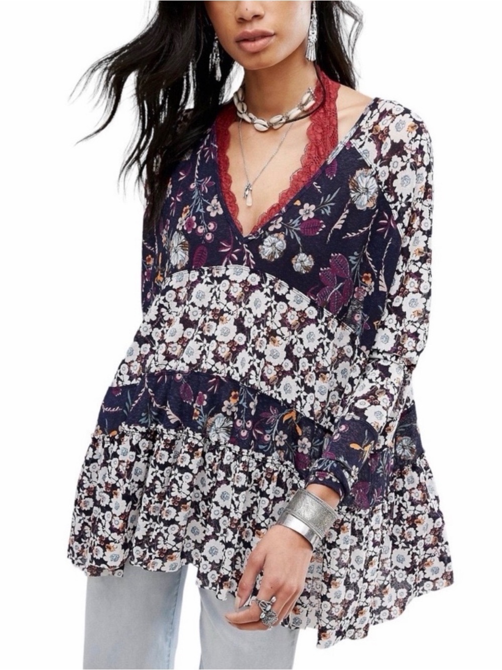 Free People Floral Semi Sheer Long Sleeve Isabella Tunic Blouse Small